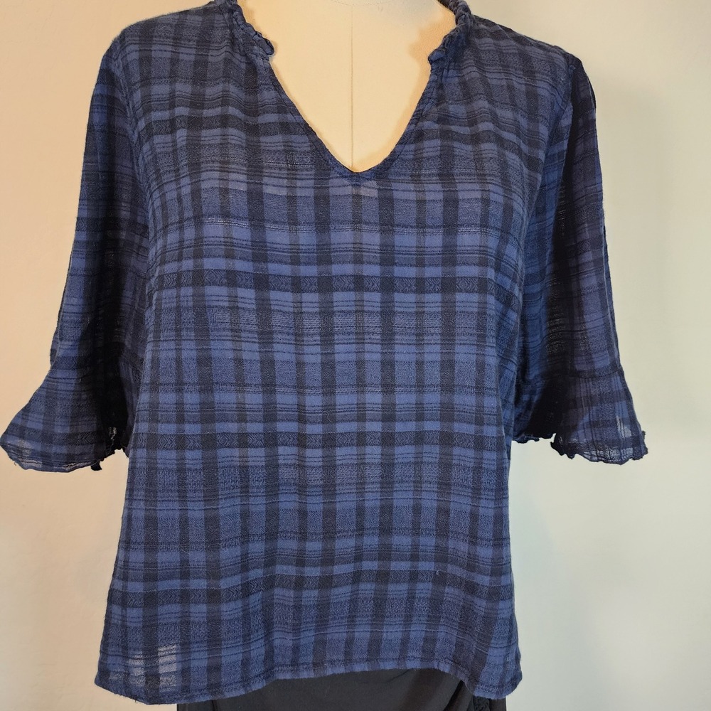 Dolan Left Coast Collection Blue Plaid Top Petite L Ruffle Sleeve